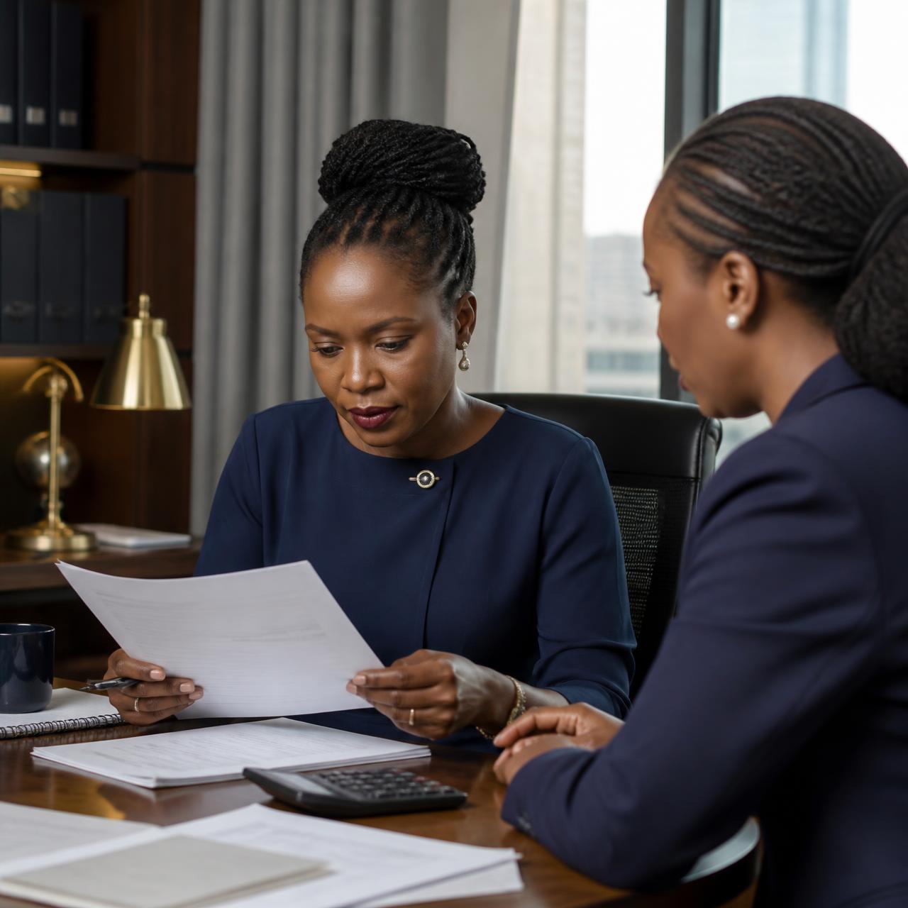 Professional accountants carefully reviewing financial documentation