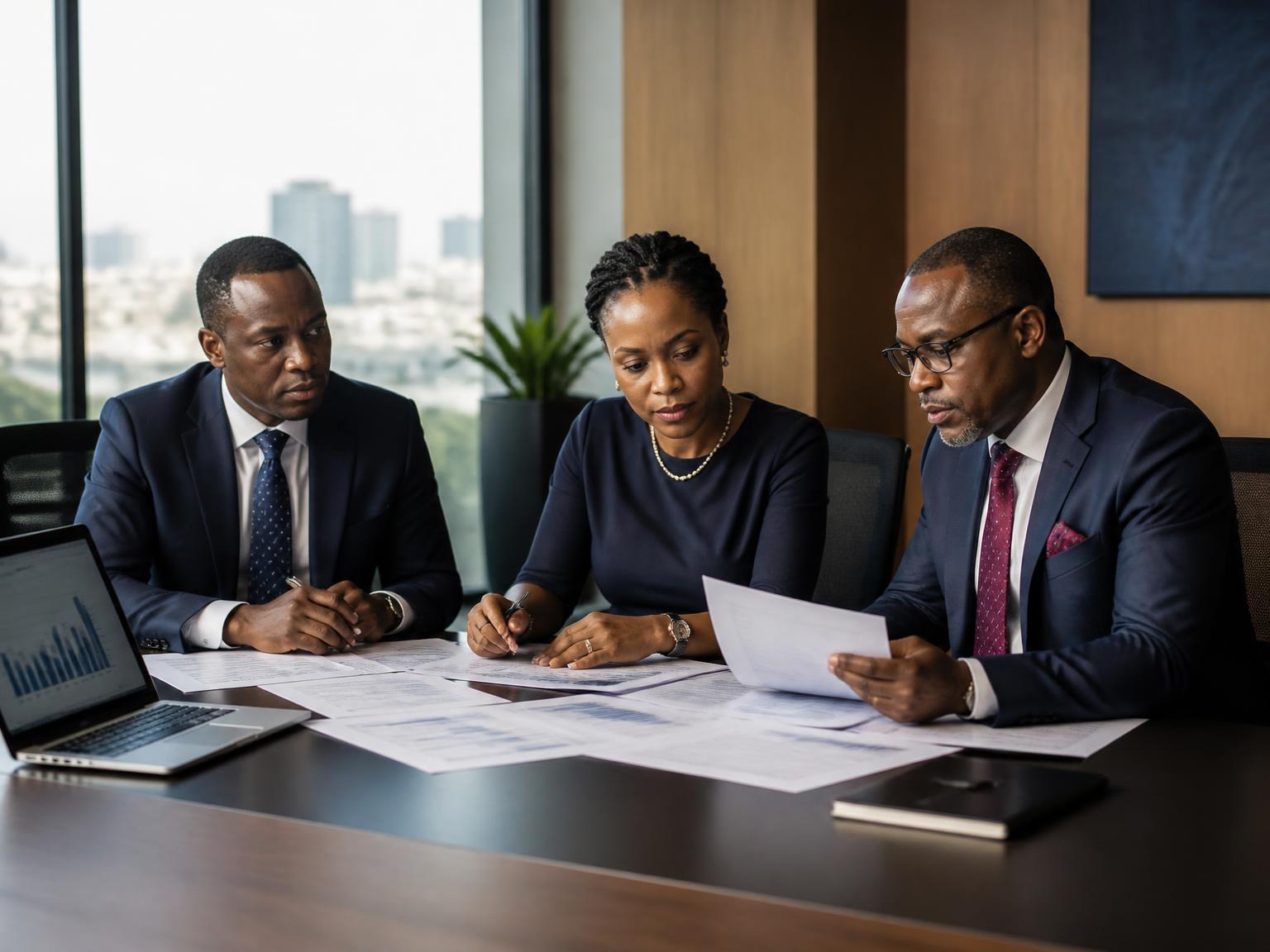 African finance professionals reviewing financial reports in a modern office