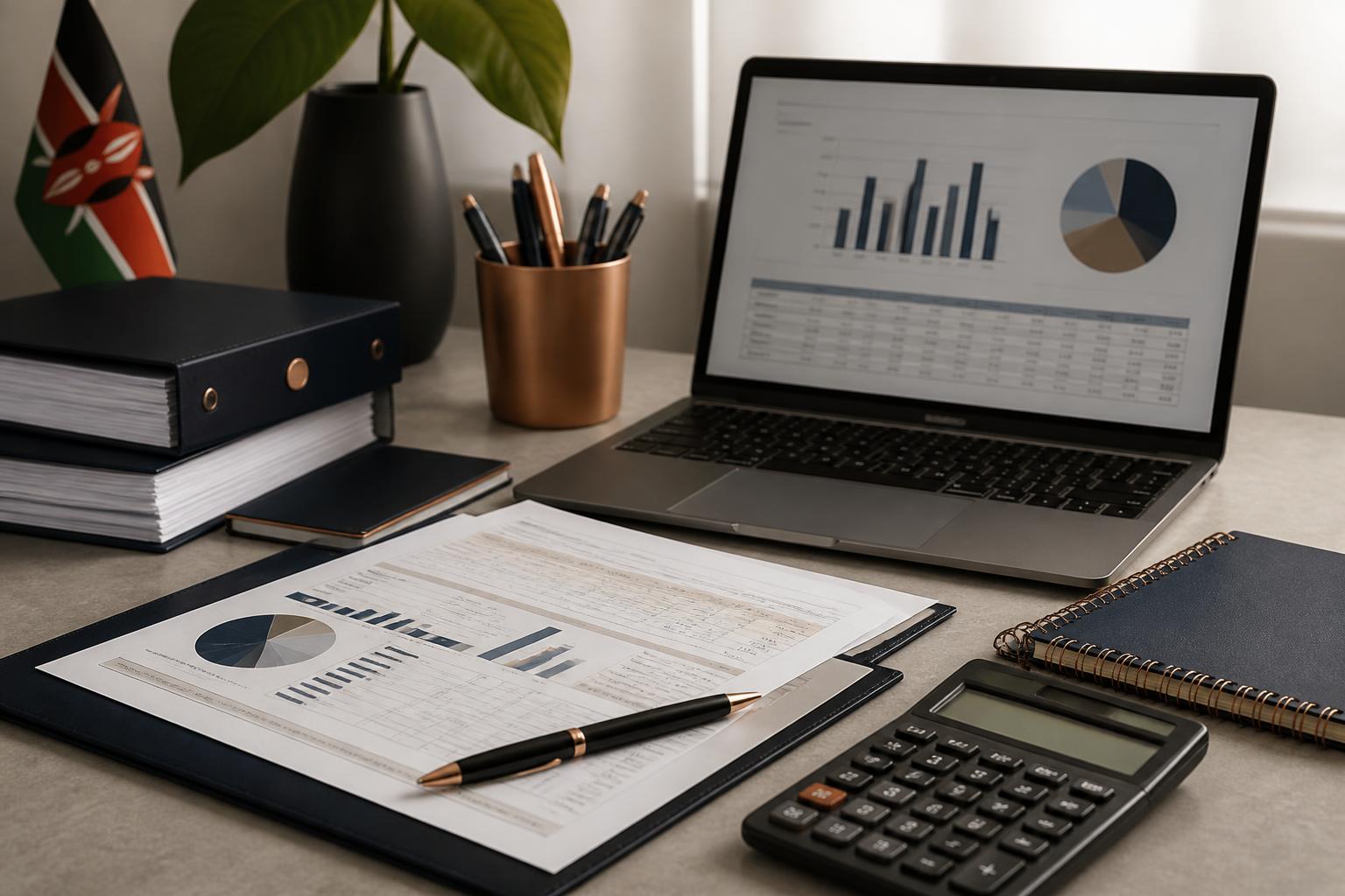 Organized financial reports, calculator, and laptop in a professional workspace